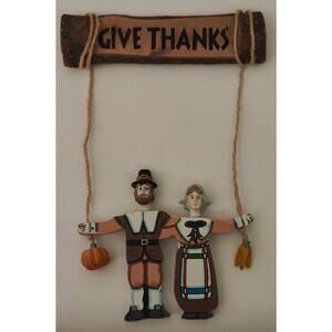 Terry's Village Wooden Folk Art Thanksgiving Holiday Hanging Sign Pilgrims Decor